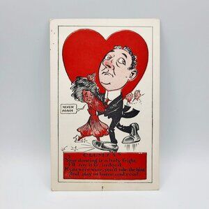 Antique Valentine Postcard Clumsy Dancing‎ Humor Red Heart Cartoon Made In USA